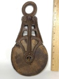 Antique Metal Pulley with Wooden Wheel