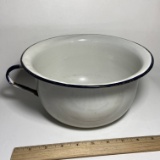 Antique White Enamel Chamber Pot with Blue Rim & Handle