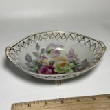 Vintage Porcelain Arnart Floral Footed Bowl with Gilt Accent & Open Lace Edges