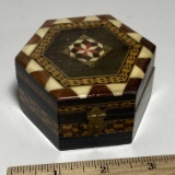 Vintage Wooden Hinged Lid Trinket Box with Ornately Decorated Inlaid Top