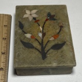 Marble Trinket Box with Floral Inlaid Design & Flip Top Lid