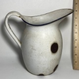 Antique White Enamel Wash Pitcher with Blue Rim