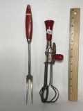 Vintage Red Handled Hand Mixer & 2 Pronged Fork