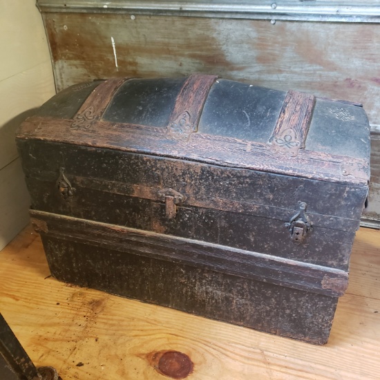 Antique Wood and Metal Camel Back Trunk, Great Condition For Age