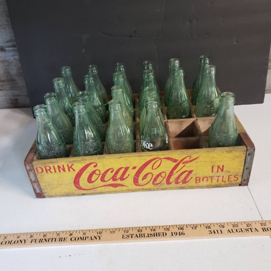 Vintage Yellow Wood Coca Cola Crate Loaded with Bottles, Ga, NC, MS