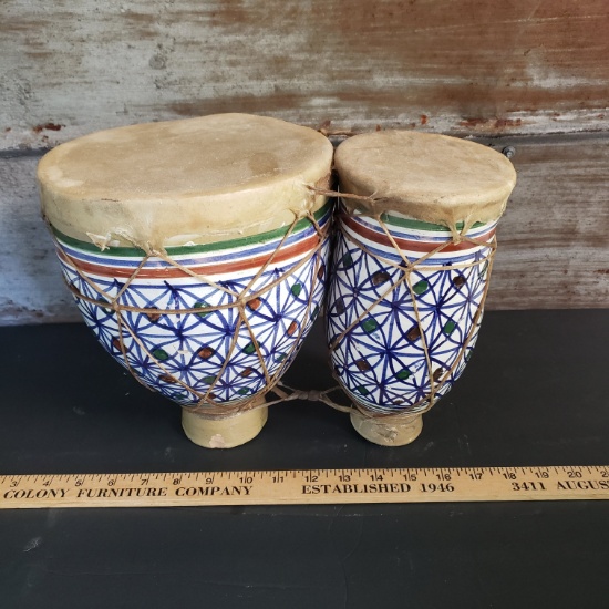 Vintage Pottery Bongo Animal Hide Drums
