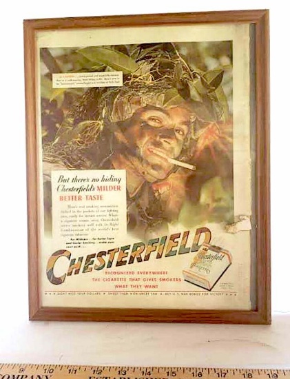 Chesterfield Cigarettes WWII Ad Framed Magazine Page, Back Side Seagram’s