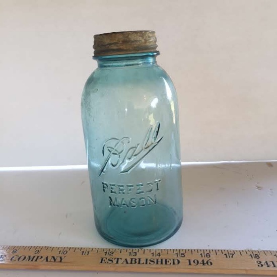 Vintage Blue Glass Ball Mason Half Gallon Jar with Original Zinc Lid, Porcelain Seal