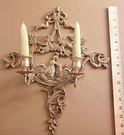 Vintage Brass Candleholder Wall Sconce with Birds Made in Japan