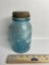 Vintage Blue Glass Perfect Mason Jar with Zinc Lid