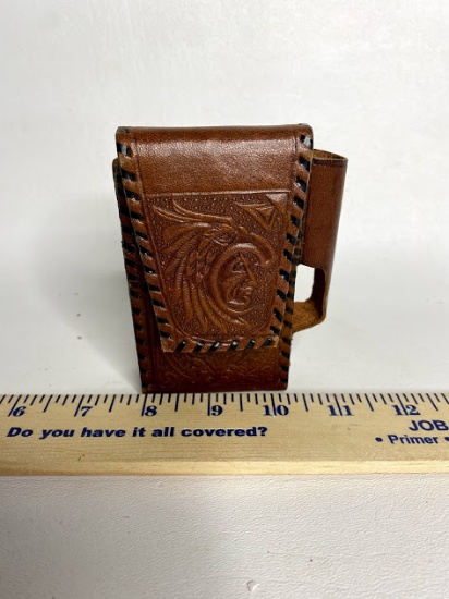 Vintage Leather Bound Cigarette Holder with Lighter Holder on Side