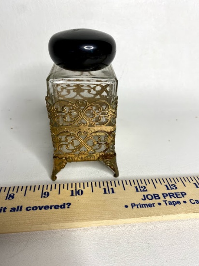 Vintage Glass Perfume Bottle w/ Black Lid & Brass Footed Filigree Encasement
