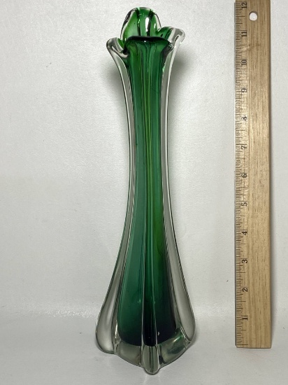 Retro Forest Green & Clear Hand Blown Glass Vase