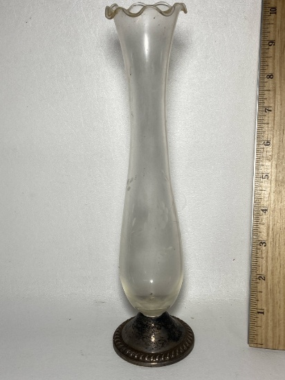 Vintage Duchin Creation Etched Glass Bud Vase with Weighted Sterling Silver Base