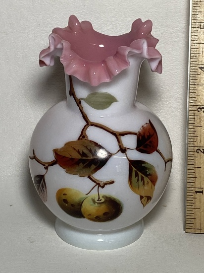 Beautiful Victorian Hand Blown Cased Glass Vase w/ Ruffled Edge & Hand Painted Cherry Vine Motif