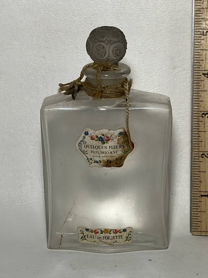Very Nice Vintage Satin Glass Houbigant French Perfume Bottle w/ Stopper – Decals still intact 