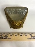 Vintage Metal Triangular Footed Jewelry Casket w/ Brass Filigree Encasement & Glass Top