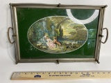 Vintage Double Handled Metal Tray Wall Décor with Victorian Picture