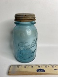 Vintage Blue Glass Perfect Mason Jar with Zinc Lid