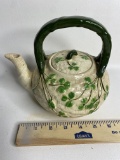 Vintage Ceramic Teapot with Green Clover Design