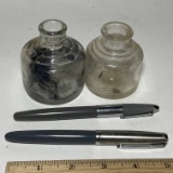 Pair of Vintage Glass Ink Jars & 2 Fountain Pens