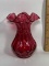 Impressive Cranberry Signed Fenton Ruffled Top Vase
