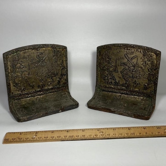 Pair of Vintage Ornate Bookends with Windmill Scene