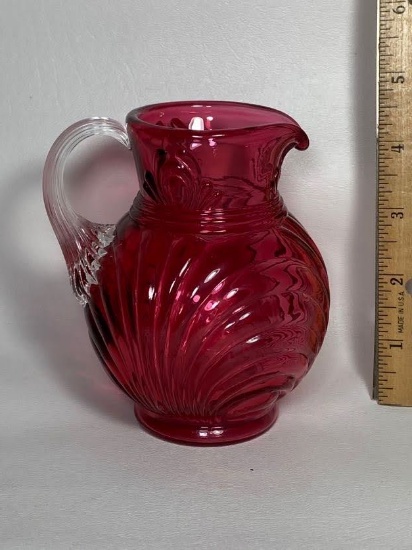 Beautiful Cranberry Glass Pitcher w/ Applied Clear Glass Handle