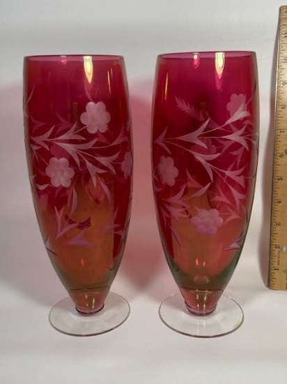 Pair of Cranberry Floral Etched Glass Vases