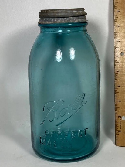 Vintage Large Blue Ball Perfect Mason Jar with Original Zinc Lid
