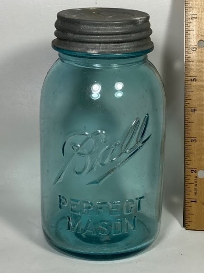 7” Vintage Blue Ball Perfect Mason Jar with Original Zinc Lid