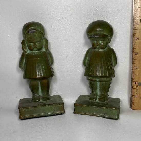 Pair of Heavy Bronze Pouting Little Girl & Boy Bookends