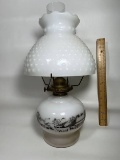 Currier & Ives Milk Glass Oil Lamp with Hobnail Shade