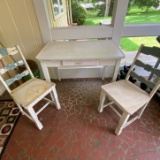 Vintage Enamel Top Table with Drawer & 2 Chairs