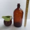 Large Vintage Amber Bottle and Brown/Green Pottery McCoy Pitcher