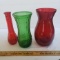 Lot of 3 Glass Vases, Red and Green, including Hoosier Glass