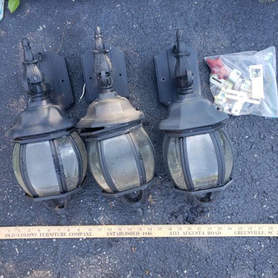 Lot of 3 Outdoor Wall Lights - Black Metal With Hardware