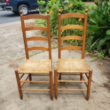 Lot of 2 Vintage High Back Ladder Back Chairs With Woven Rush Seats