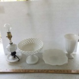 Nice Lot of Vintage Milk Glass Items, Lamp, Basket Weave Pedestal Bowl