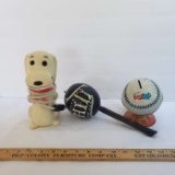 Vintage Collectibles Lot, Ohio Art Baseball Bank, Painted Maraca, Dog Lamp