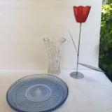 Crystal Vase, Blue Glass Platter and Metal/Glass Decorative Flower Candle Holder