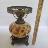 Vintage Milk Glass and Brass Lamp, Hand Painted