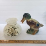 Milk Glass Globe w/ Hand Painted Magnolias & Vintage Ceramic Duck Figurine