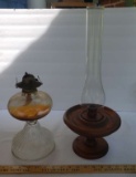 Vintage Glass Oil Lamp Base and Wood Candle Stick with Tall Glass Globe