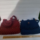 Lot of 2 Hand Crochet Pocketbooks with Wood Beads, Burgundy and Blue