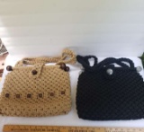 Lot of 2 Hand Crochet Pocketbooks with Large Beads, Burgundy, Khaki