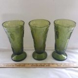 Lot of 3 Vintage Green Glass Vases with Grape Design