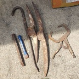 Box Lot of Tools, including 2 Pick Ax Heads