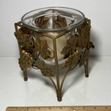 Glass Candle Holder in Footed Brass Tone Grape Leaf Caddy
