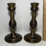 Pair of Brass with Enamel Candlesticks Made in India
